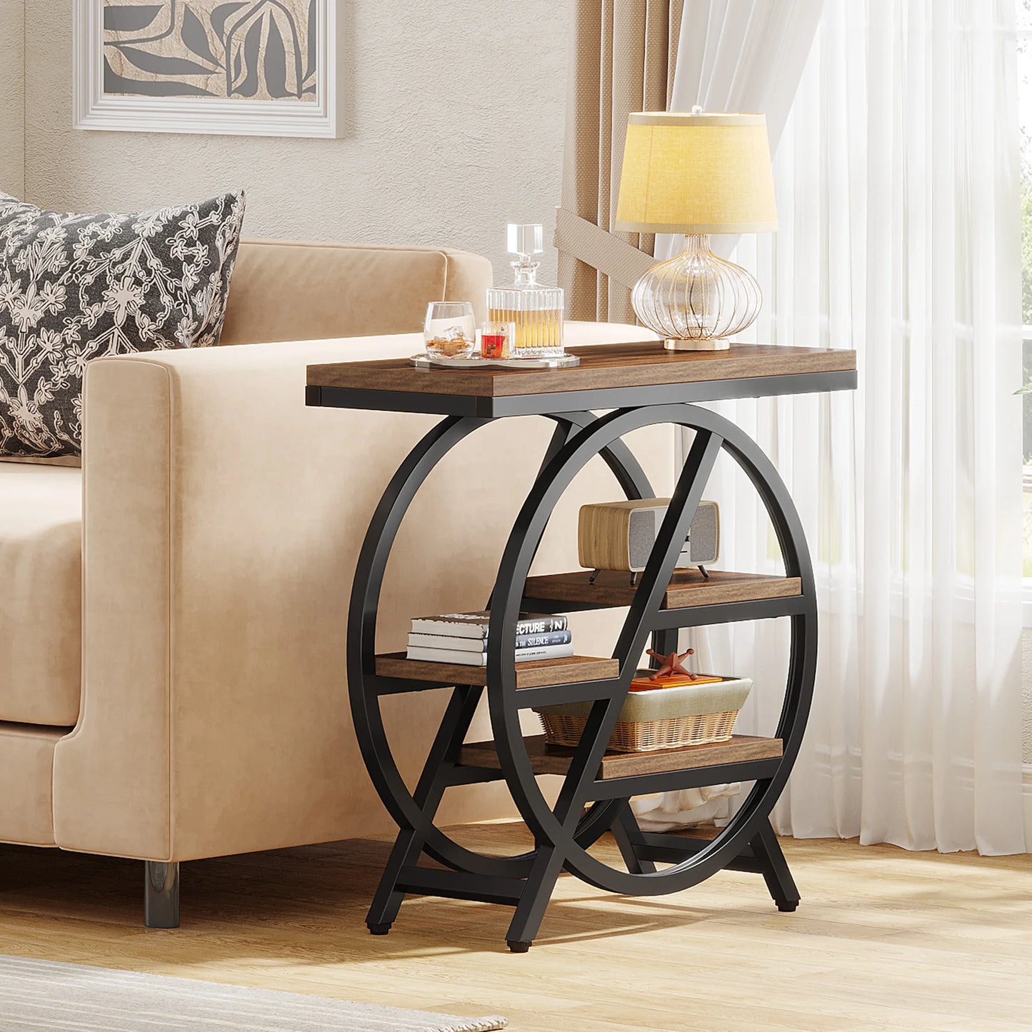 Tribesigns End Table, Narrow End Table with 3 Storage Shelves, Wooden Side Table, Industrial Small Sofa Side Table