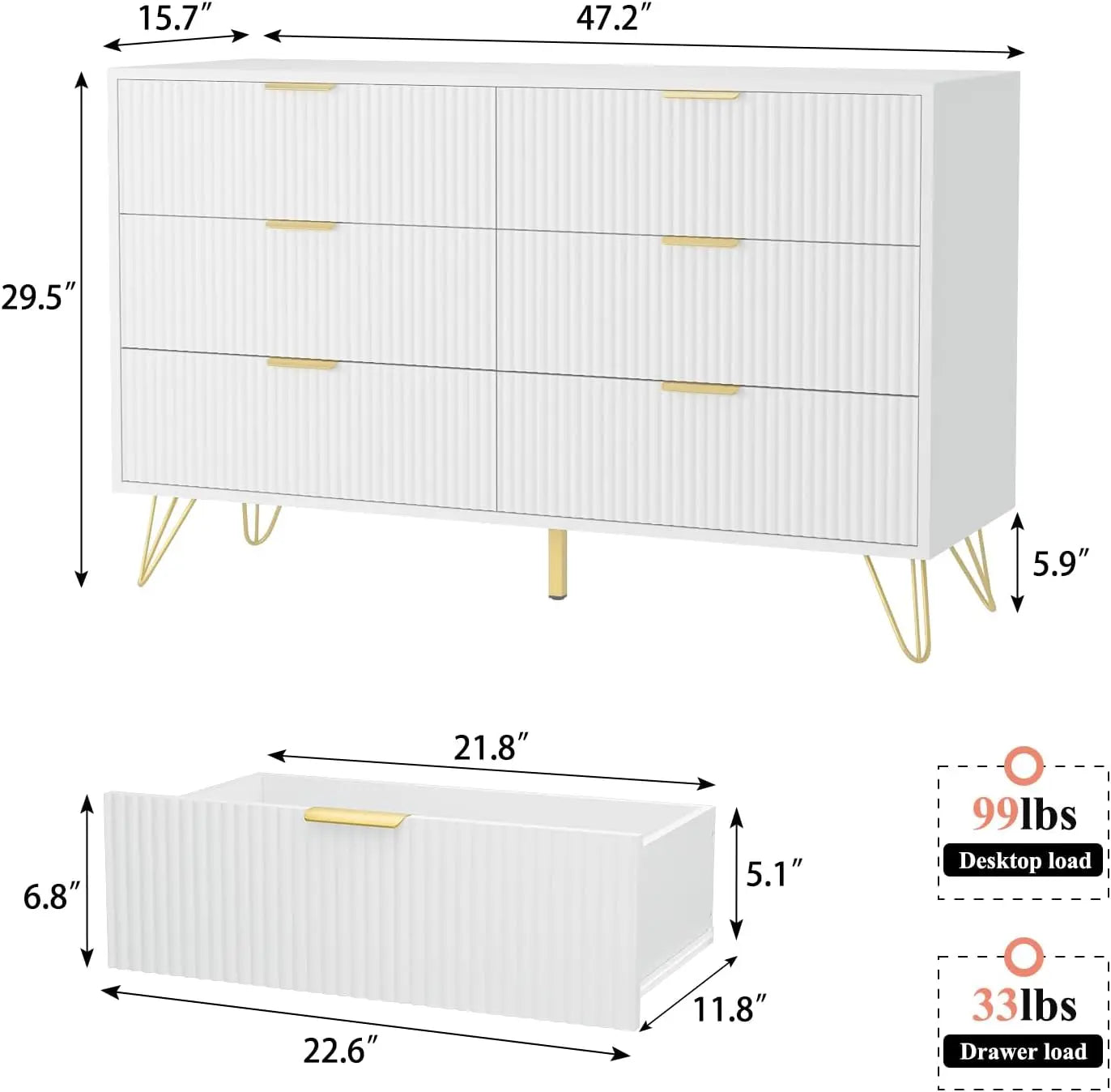 White Chest of Drawers, dresser with 6-drawers