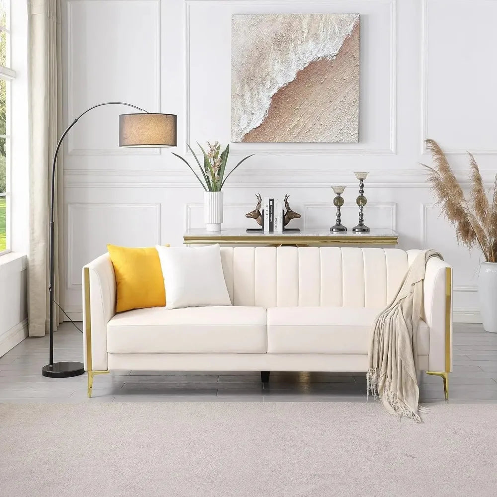 White Couches, Comfy, Faux Leather Sofa 3 Seater, 2 Throw Pillows