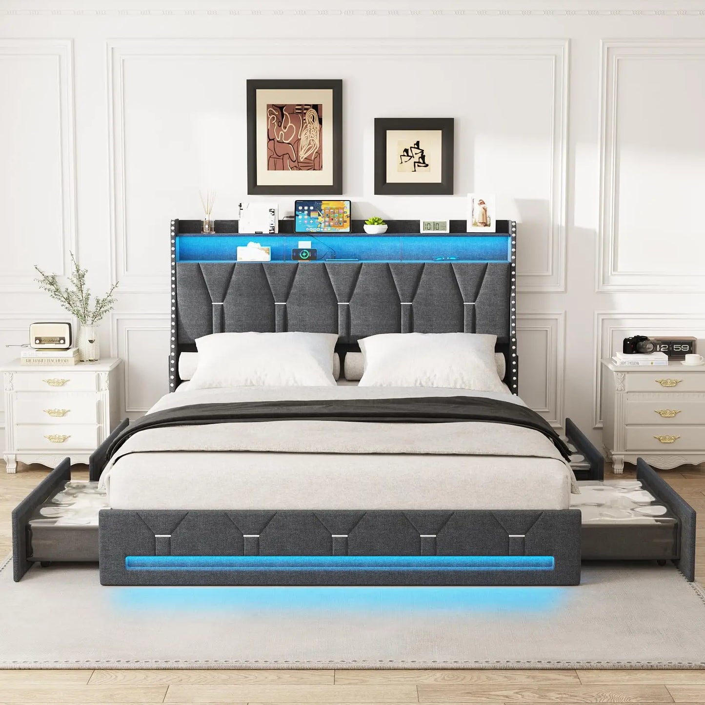 Queen Size Bed Frame with Headboard & 4 Storage Drawer