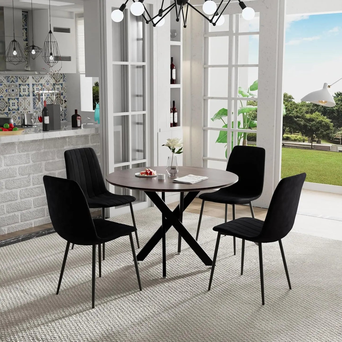 5 Piece Circle Dining Table Set for 4, 42 Inch Black Table & Velvet Upholstered Chairs With Sturdy Metal Legs, Round Kitchen