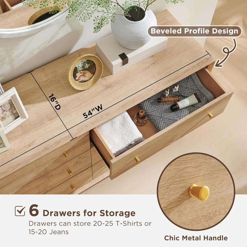 6 Drawer Dresser, 54" Wide Chest of Drawers