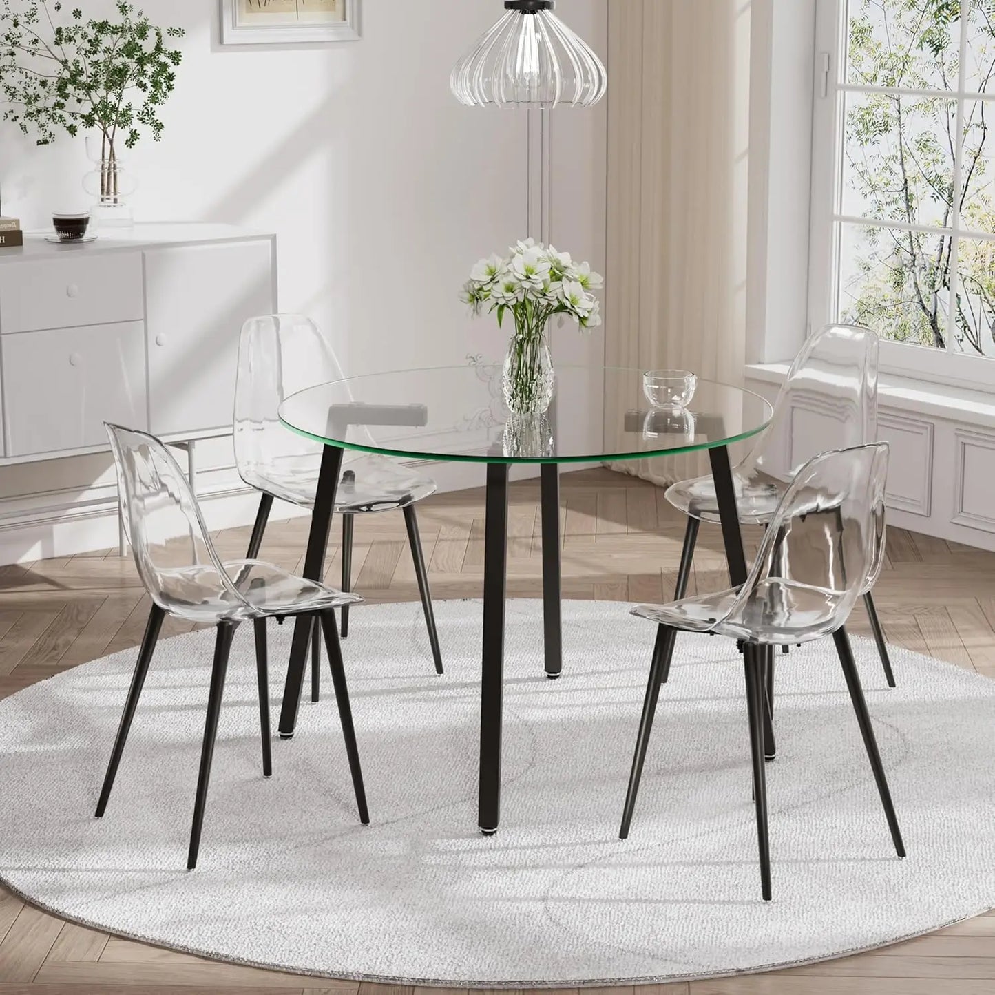 42'' Clear Round Glass Dining Table Set for 4, 5 Piece Circle Dinner Table Set, Modern Circular Kitchen and Chairs Set, Minimali