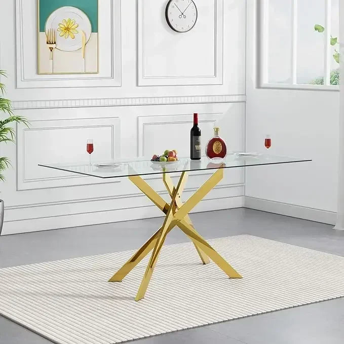 Rectangular Glass Dining Table Kitchen Glass Top Table for 4 with Metal Legs,Dining Table Kitchen Glass Tables for Kitchen
