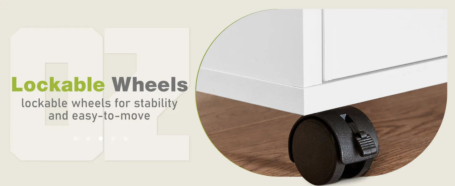 JHK Wood Nightstand Cabinet 5 Drawers Waterproof Surface Storage Organizer File Office Easy To Move Bedside Table Rotating Wheel