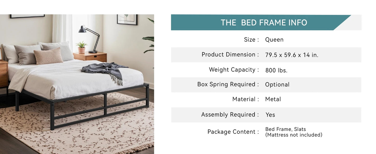 Metal Bed Frame, No Box Spring Needed - Queen, Full, King and Twin Sizes