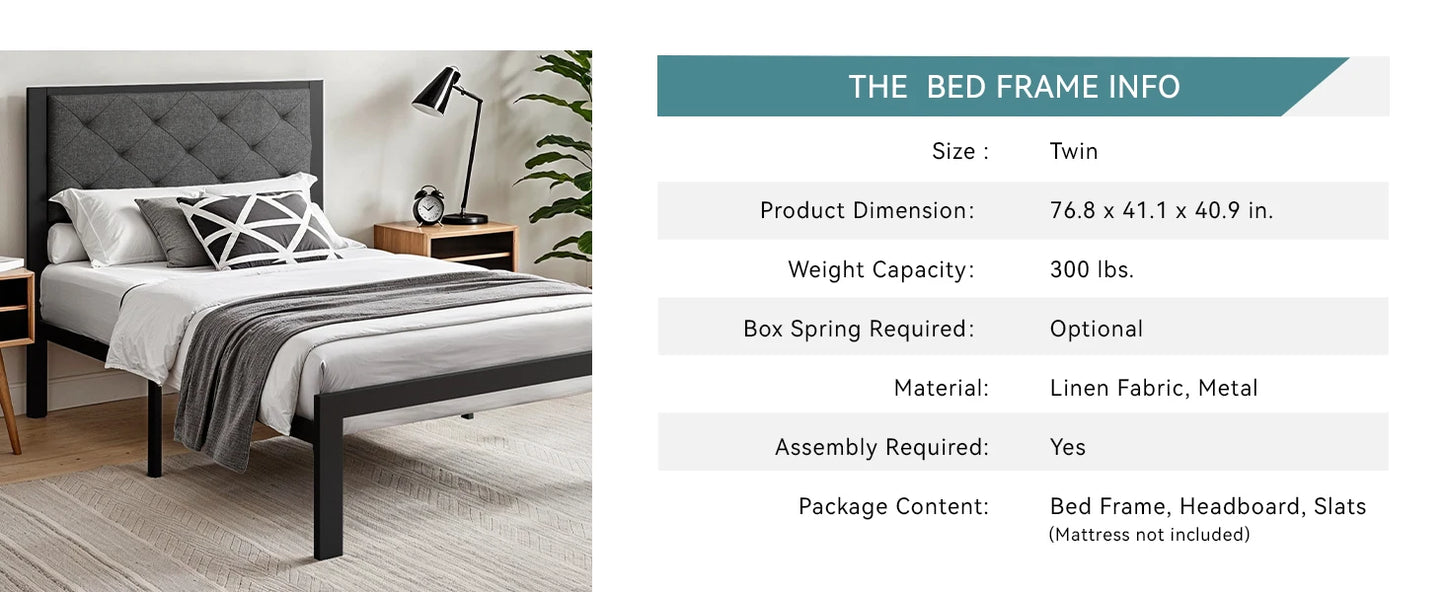 Bed Frame with Upholstered Finely Stitched Headboard - Queen, King, Full and Twin Sizes