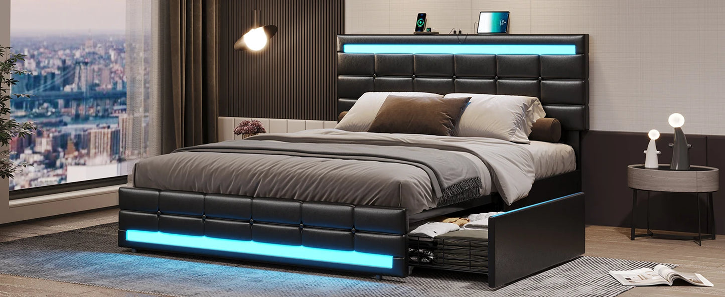 Bed Frame with Leather Platform and Storage – Twin, Queen & Full Sizes