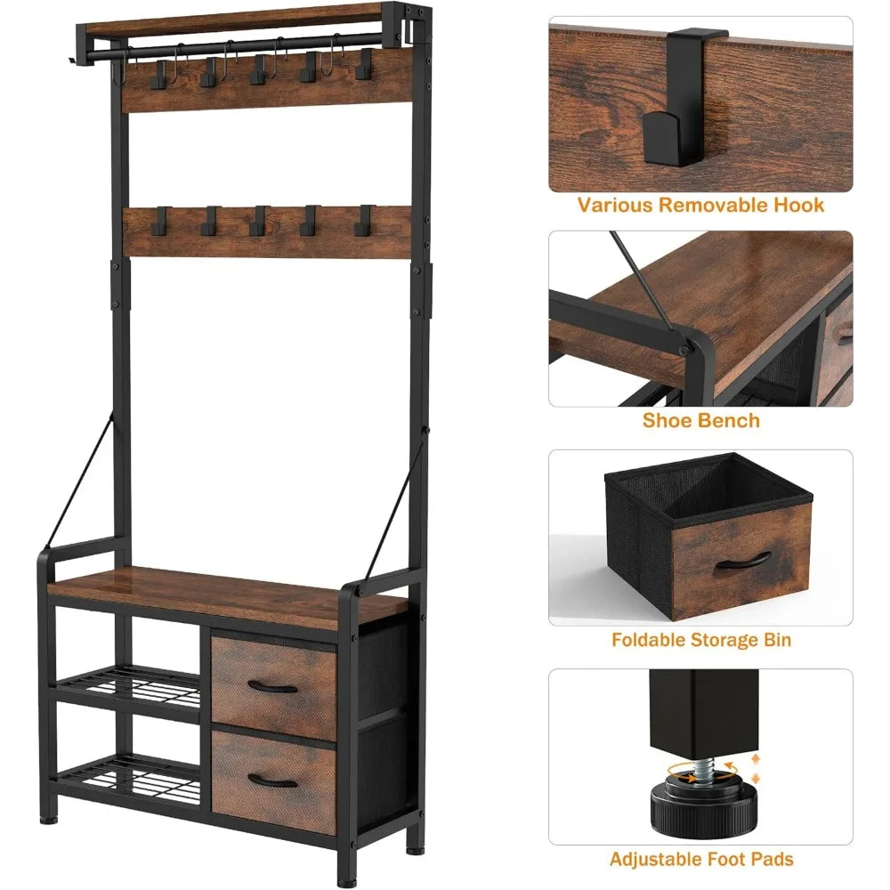 Shoe Bench and Coat Rack with Hooks and Drawers