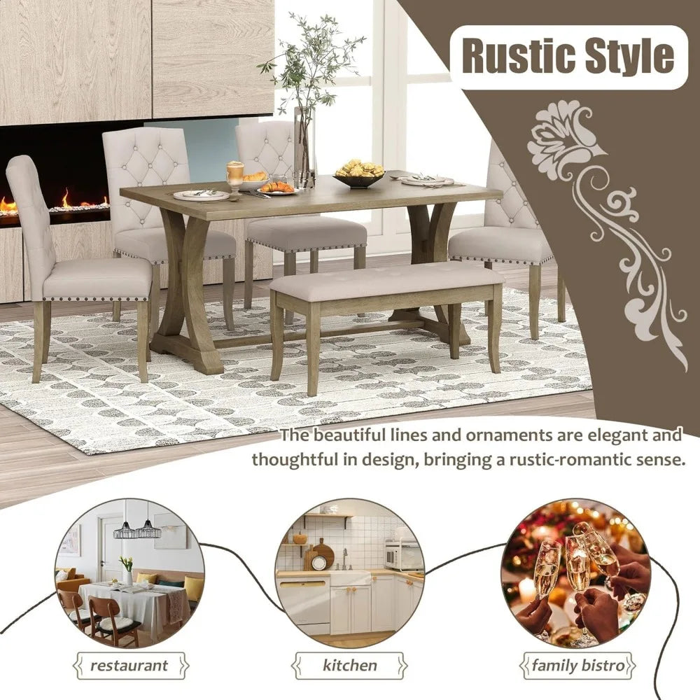Farmhouse Dining Table Set for 6, Kitchen Table Set with Chairs and Bench, 6 Piece Solid Wood Dining Room Set with Trestle Table