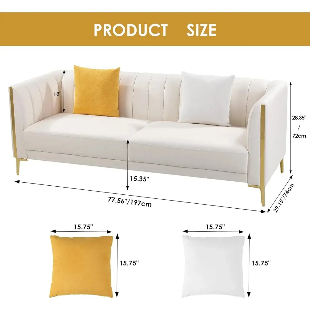 White Couches, Comfy, Faux Leather Sofa 3 Seater, 2 Throw Pillows