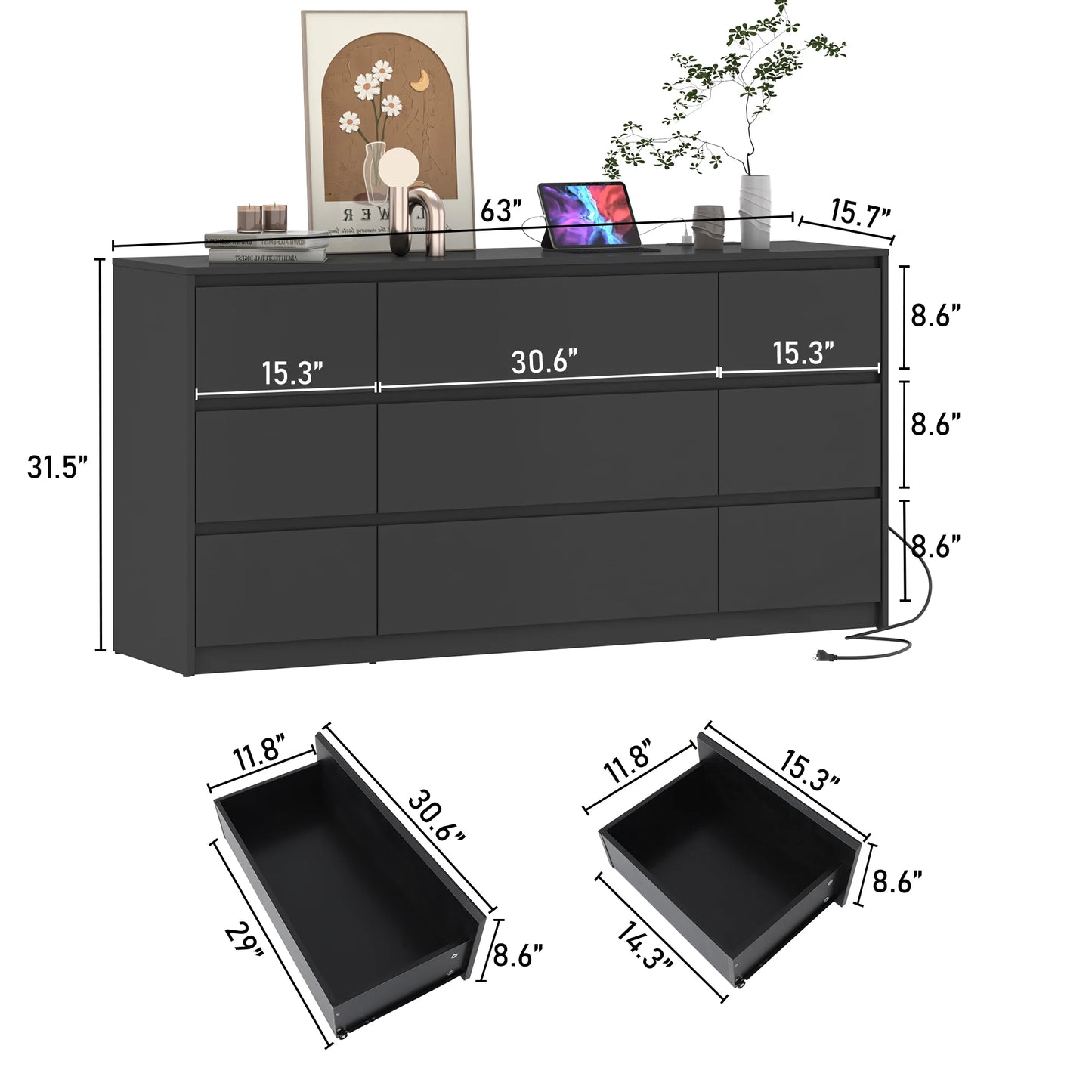 9 Drawer Dresser Chest of Drawers with Charging Station