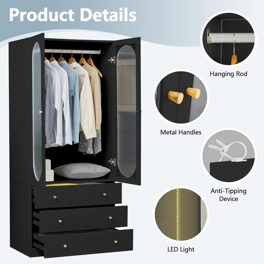 Wardrobe Closet with 3 Fluted Drawers and Hanging Rail