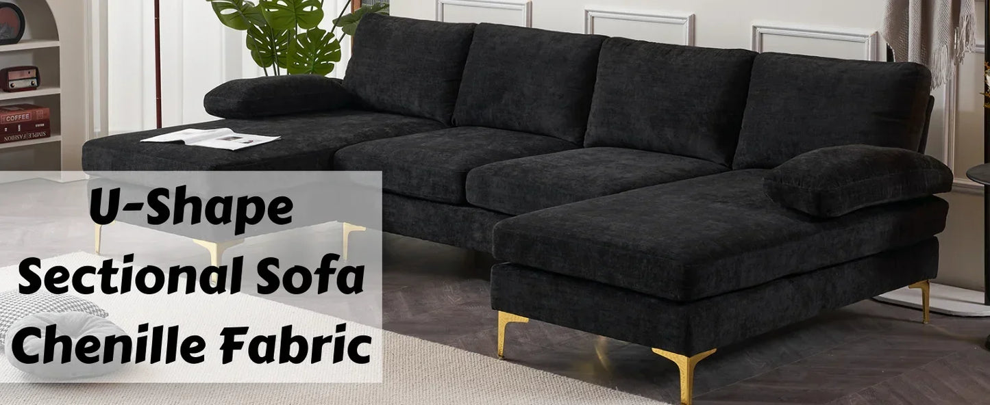Sectional Sofa with Chaise Chenille Fabric Upholstered 4-Seat