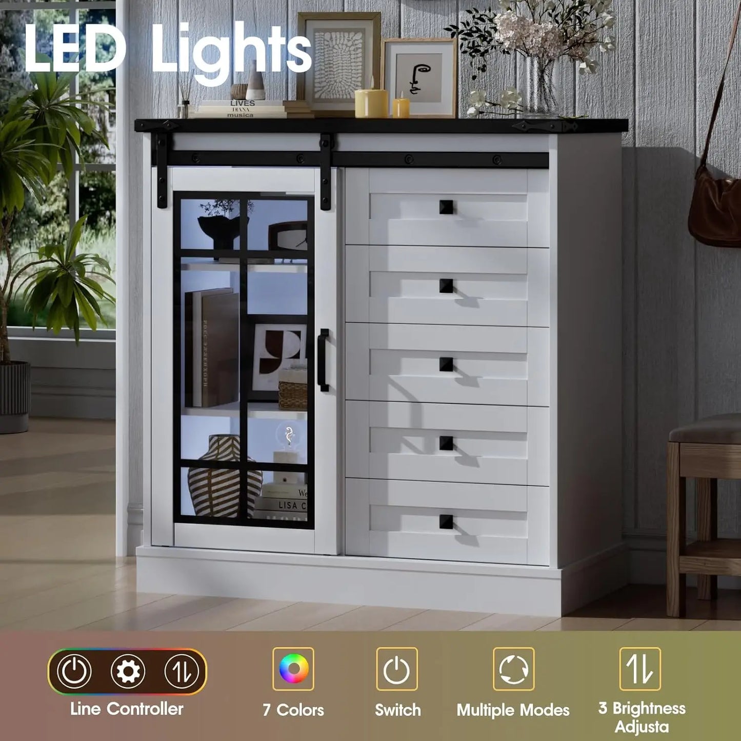 6 Drawer Dresser with Slide Glass Door Chest of Drawers