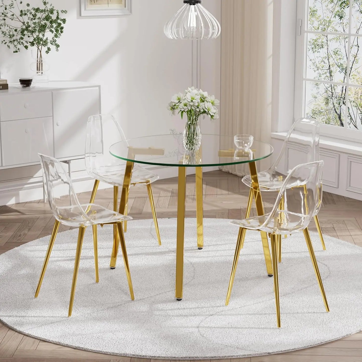 42'' Clear Round Glass Dining Table Set for 4, 5 Piece Circle Dinner Table Set, Modern Circular Kitchen and Chairs Set, Minimali