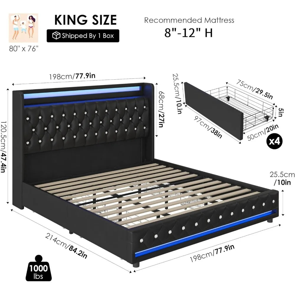 Velvet Upholstered Bed Frame with Storage – King, Queen, Full Sizes
