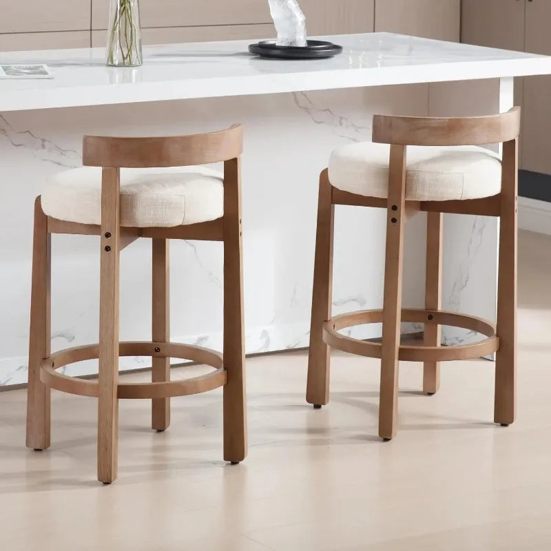 Modern Bar Stools Set of 2, Linen Upholstered, 26.5" Stools with Back