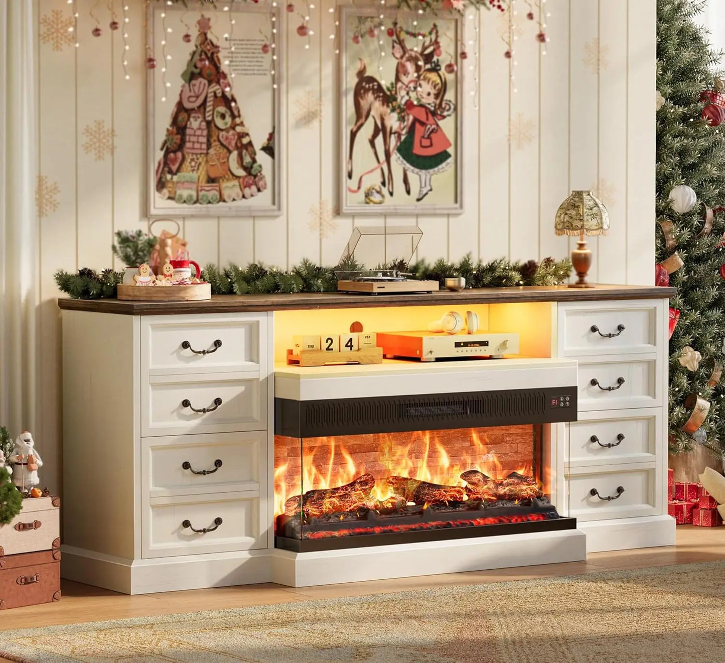 Fireplace TV Stand for 75 80 Inch TV, with Drawers