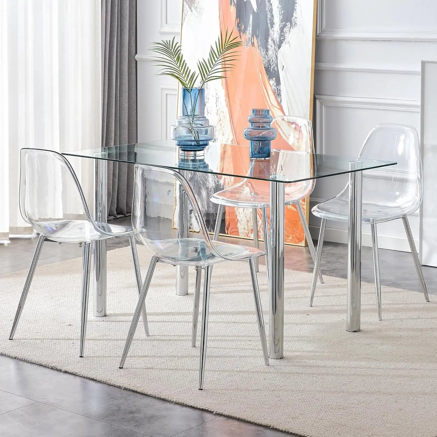 5 Pcs Modern Clear Glass Dining Table Set, 51'' Luxury Rectangular Kitchen Table Set, 4 Person Minimalist Dinner Room Table Set