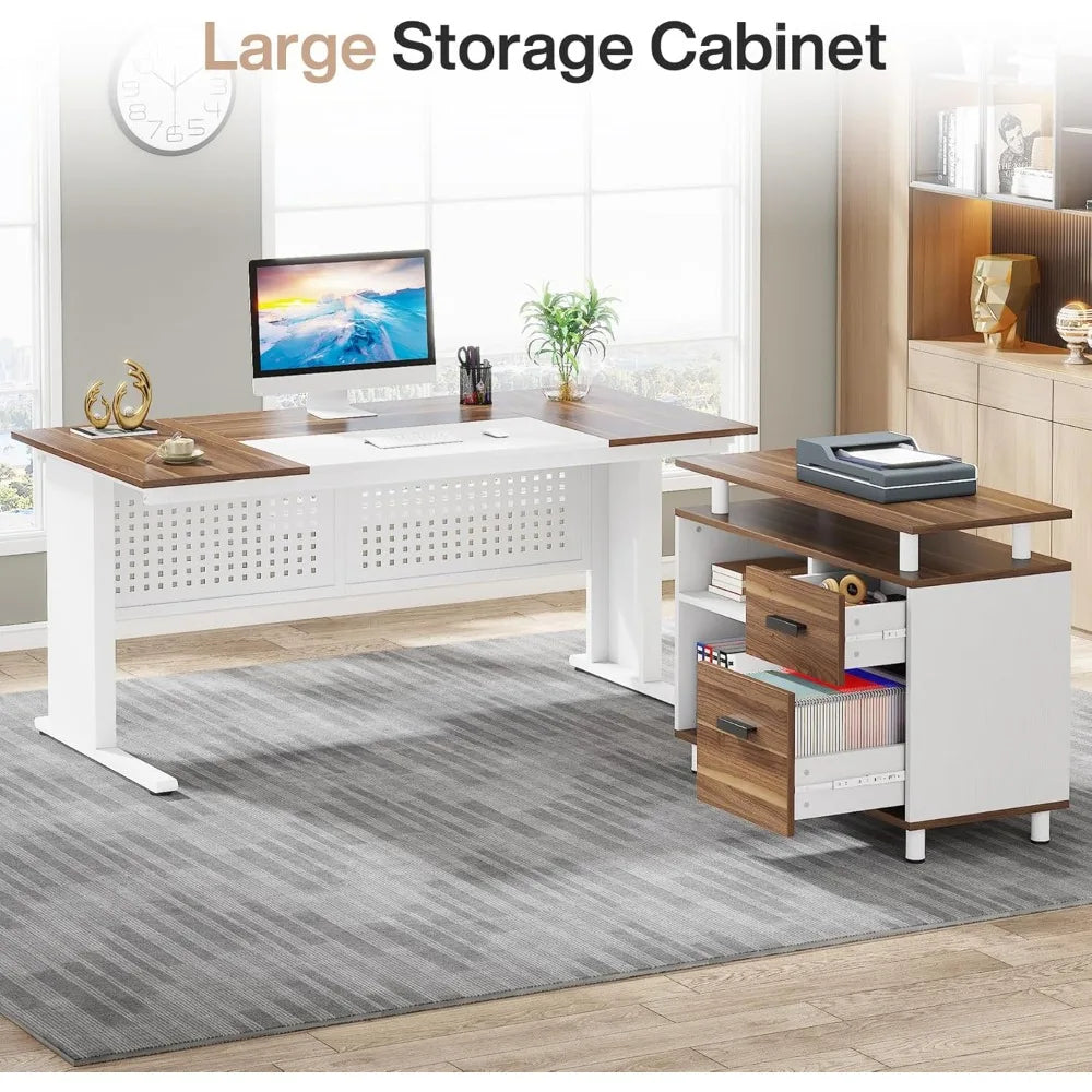 63 Inch L shaped Desk - File Cabinet, Drawers and Shelves