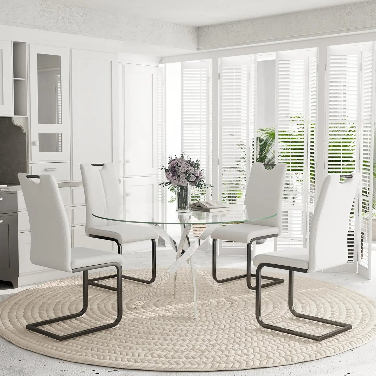 5-Piece Round Dining Table Set for 4, 47" Small Circle Tempered Glass Kitchen Table Set with Chrome Silver Leg, Upholstered