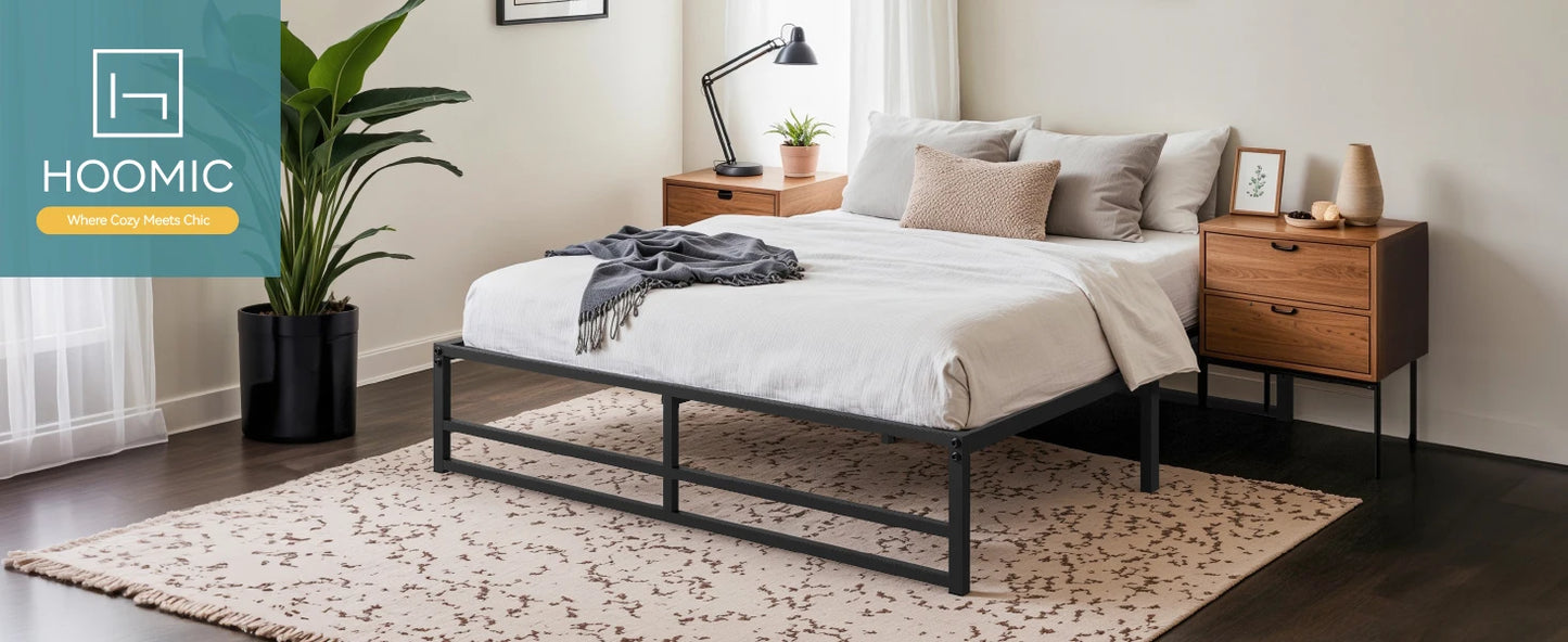 Metal Bed Frame, No Box Spring Needed - Queen, Full, King and Twin Sizes