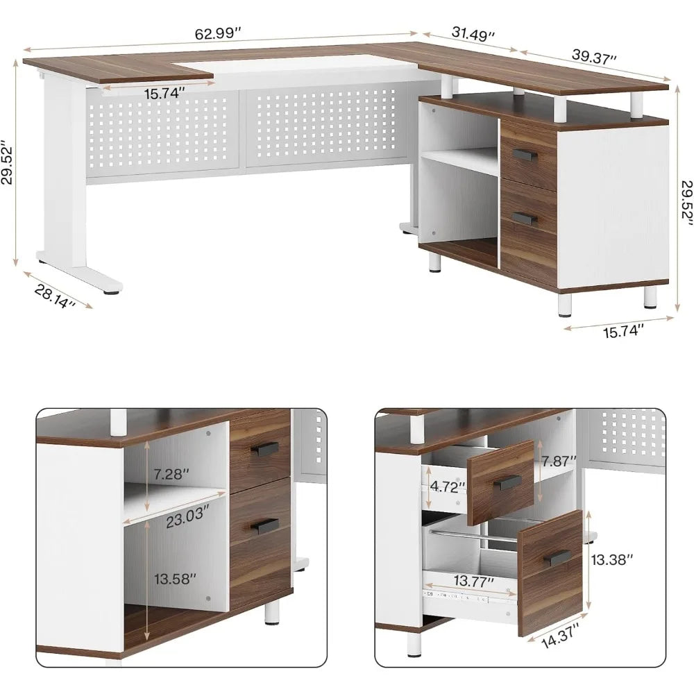 63 Inch L shaped Desk - File Cabinet, Drawers and Shelves