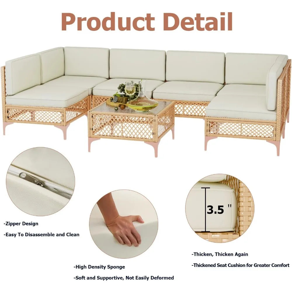 7 Piece Outdoor Patio Furniture Set, Outdoor Set with Glass Table and Cushions