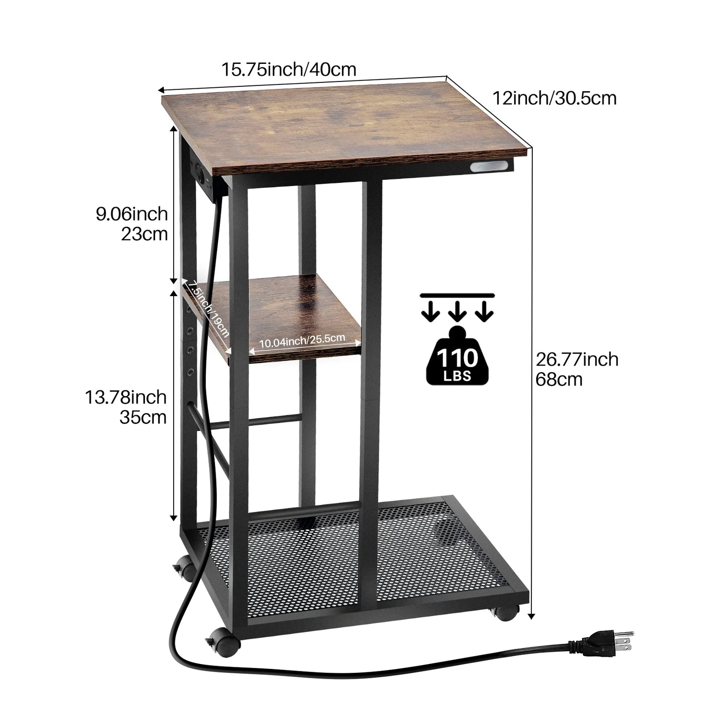 Redlife C Shaped End Table w/ Charging Station Side Table for Couch Sofa Table w/ Storage Shelf & Rolling Wheels for Small Space