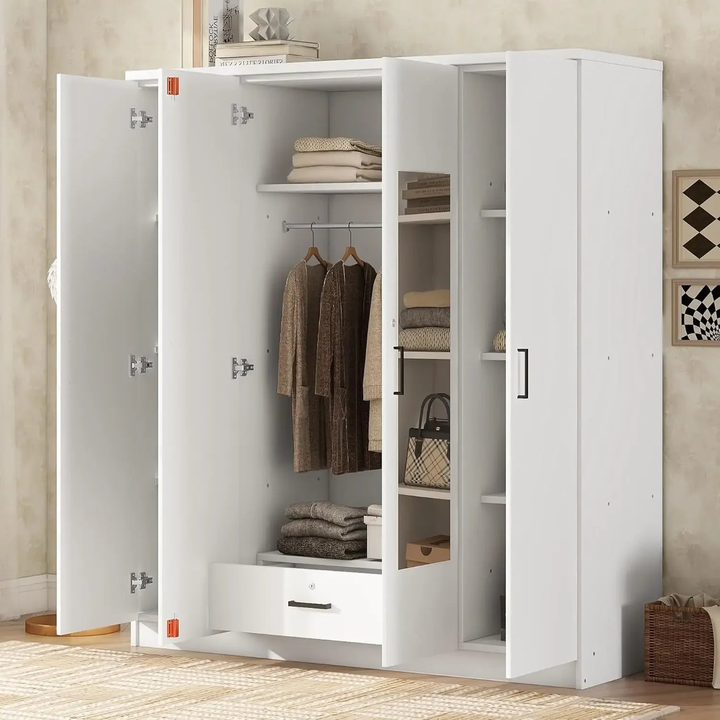 4-Door Wardrobe with Drawers, Shelves and Hanging Rail