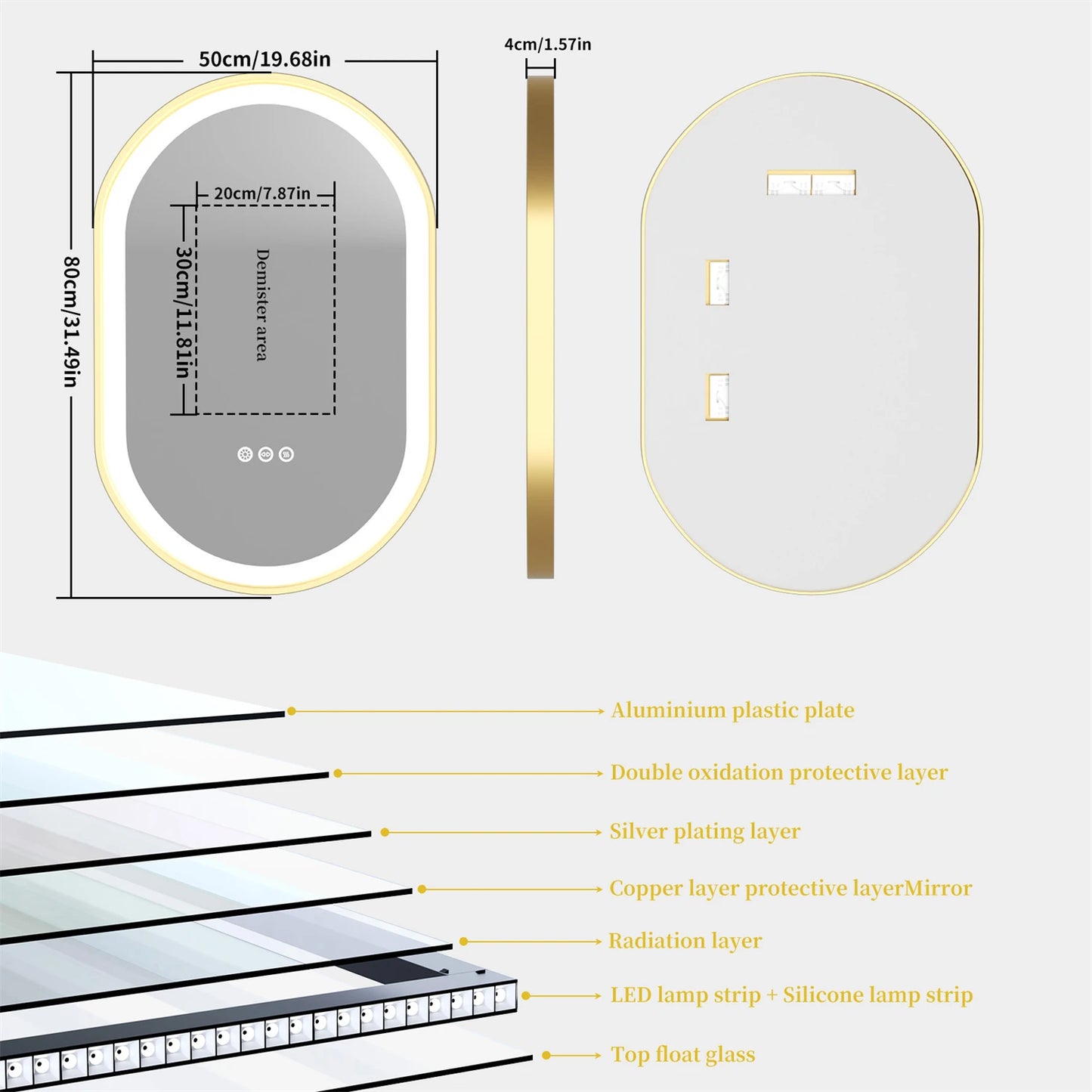 Gold Frame Oval Bathroom Mirror LED Lighted