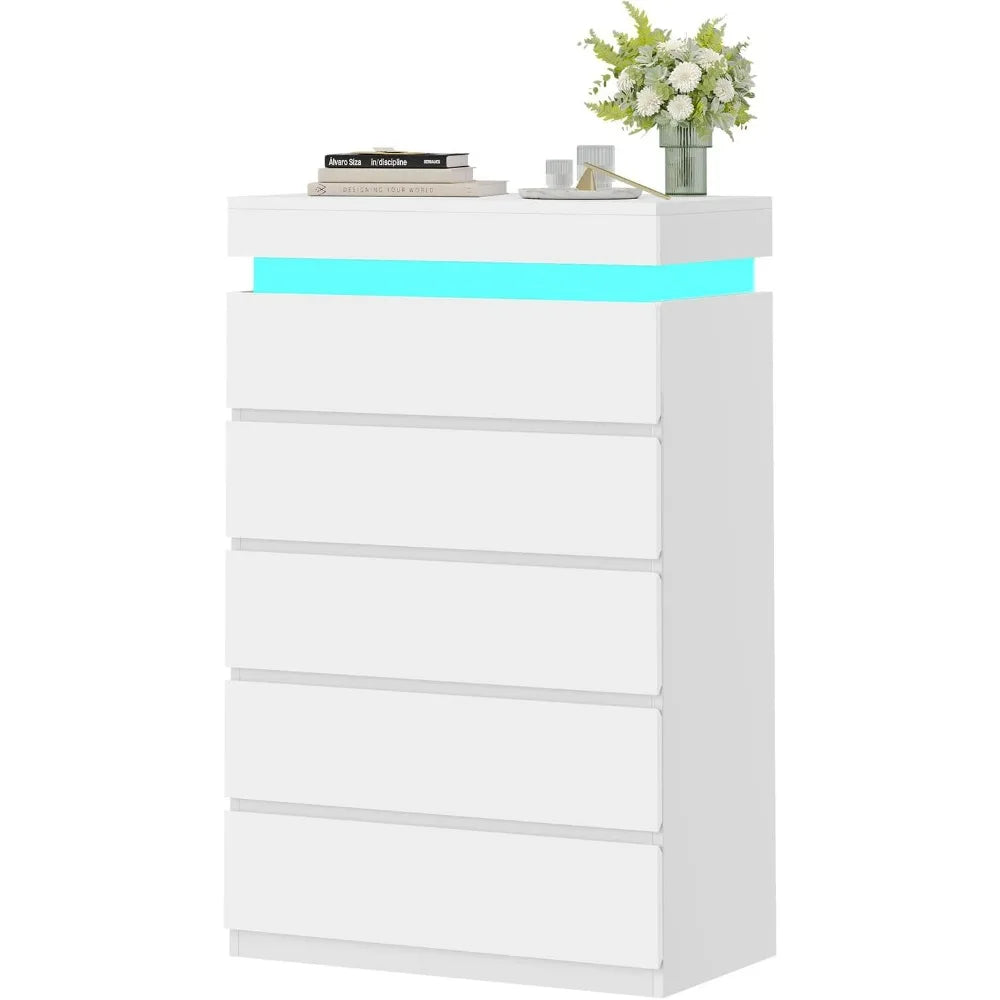 Tall 5 Drawer Dresser, Chest of Drawers with LED Light
