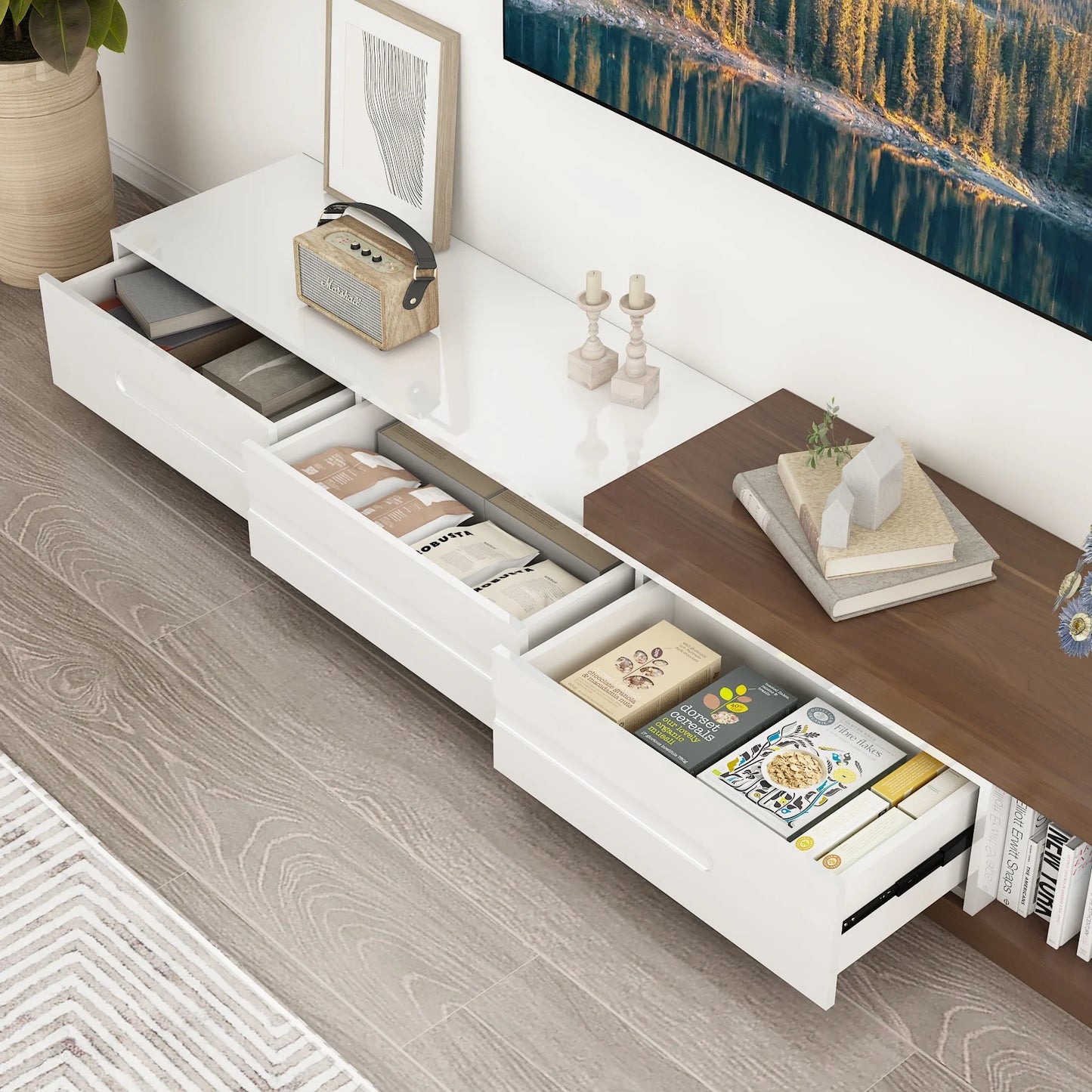 Extendable TV Stand for Up to 120"TV, 82-110 w/3 Drawers