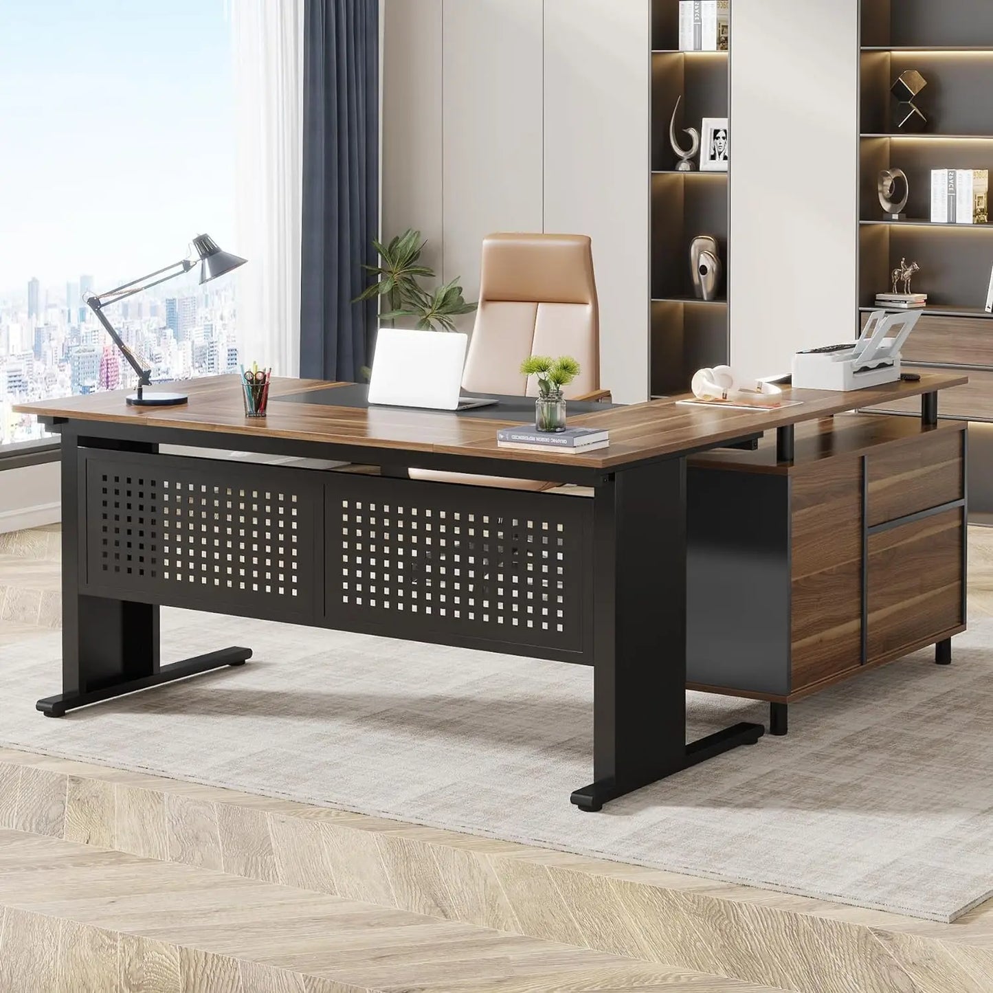 63 Inch L shaped Desk - File Cabinet, Drawers and Shelves