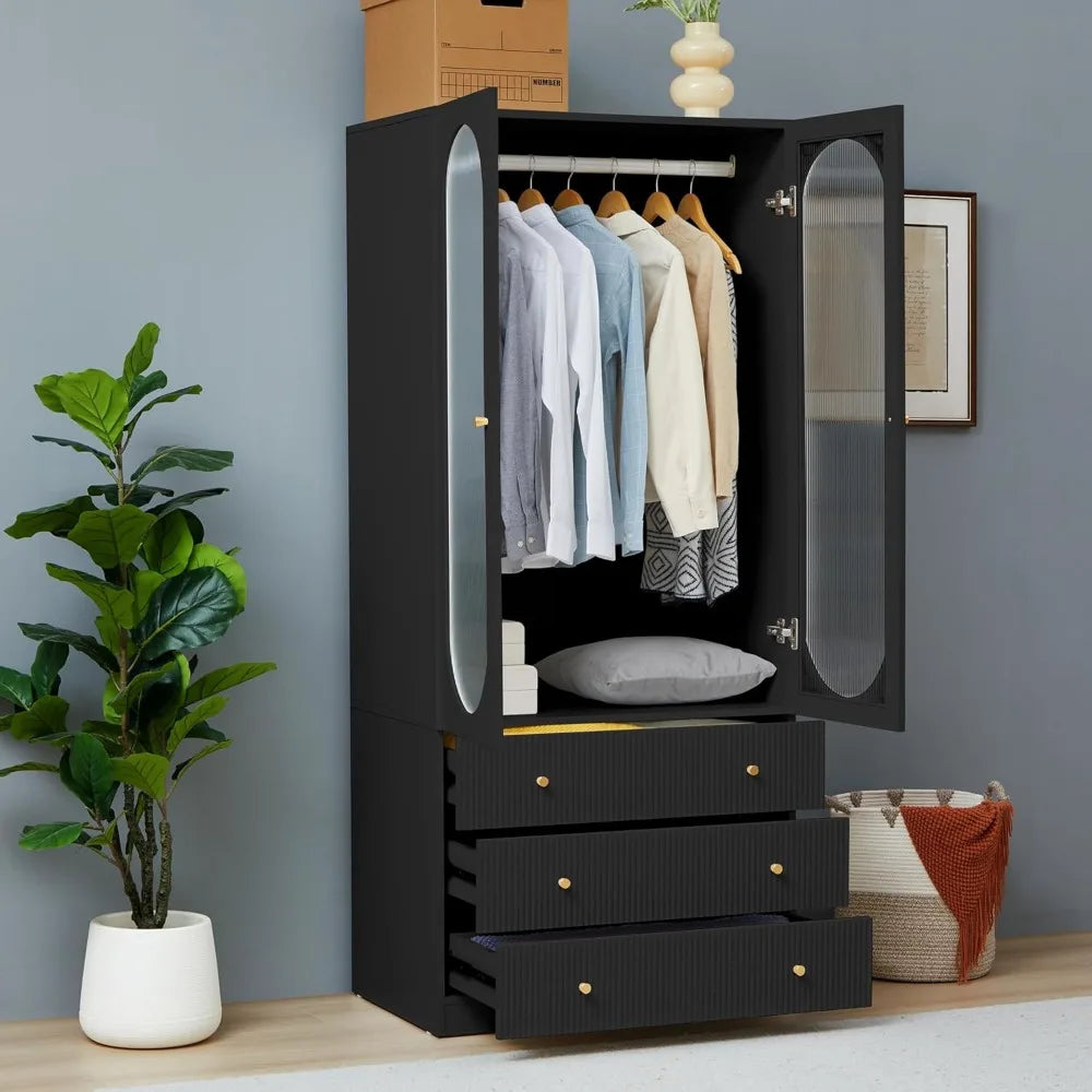 Wardrobe Closet with 3 Fluted Drawers and Hanging Rail