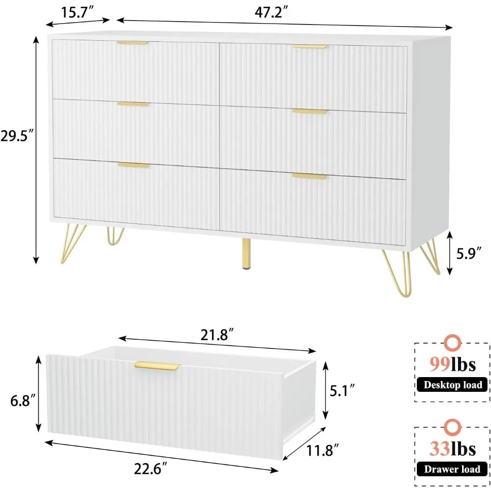 White Chest of Drawers, dresser with 6-drawers