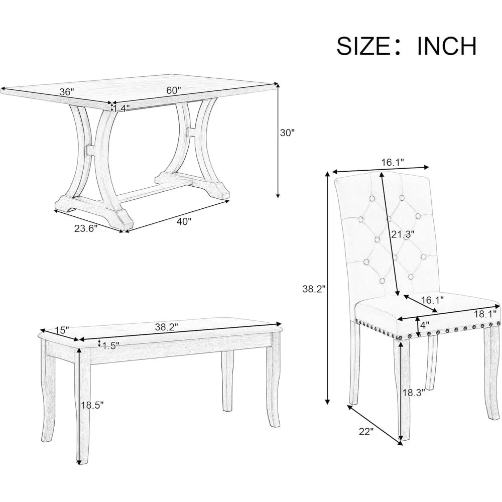 Farmhouse Dining Table Set for 6, Kitchen Table Set with Chairs and Bench, 6 Piece Solid Wood Dining Room Set with Trestle Table