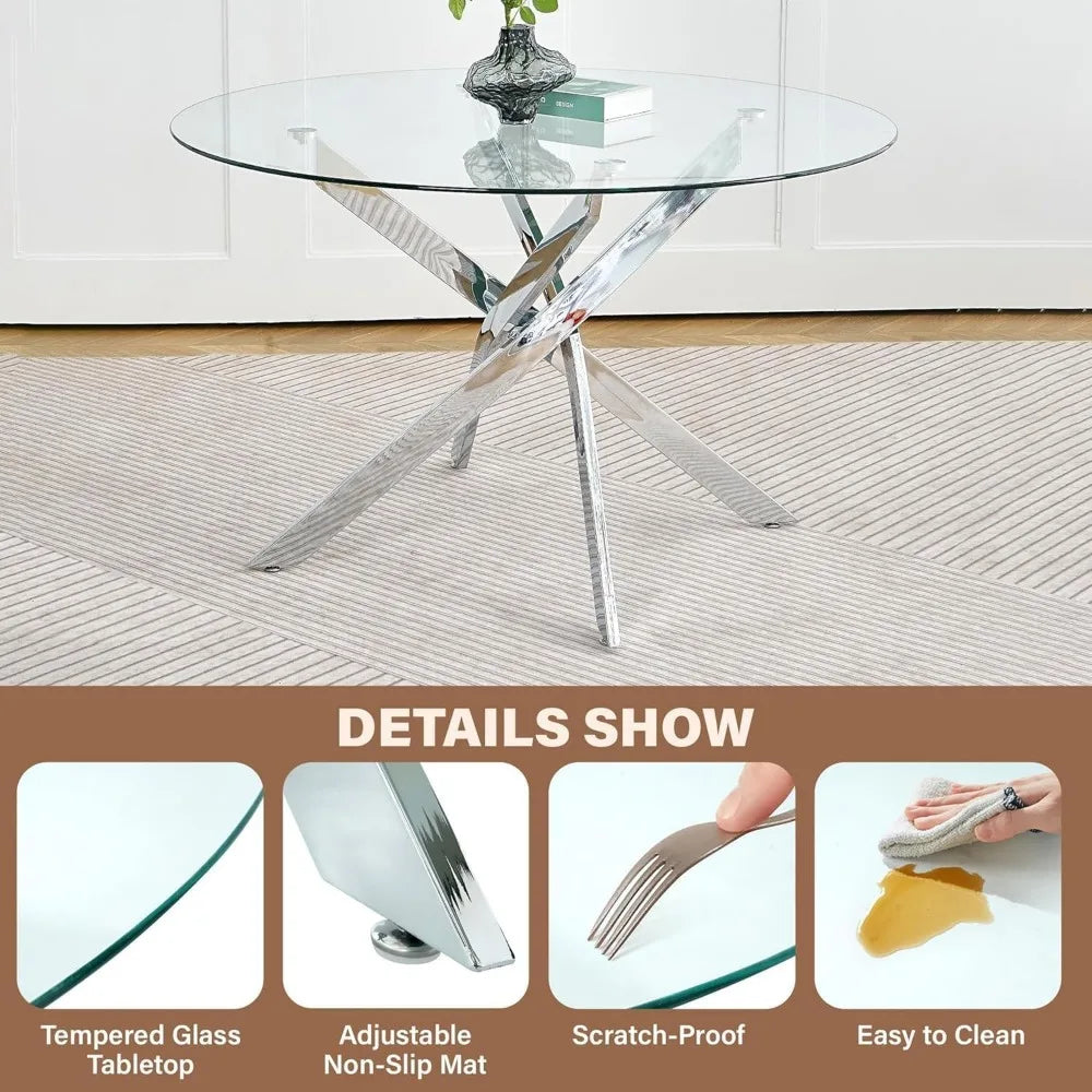 5-Piece Round Dining Table Set for 4, 47" Small Circle Tempered Glass Kitchen Table Set with Chrome Silver Leg, Upholstered