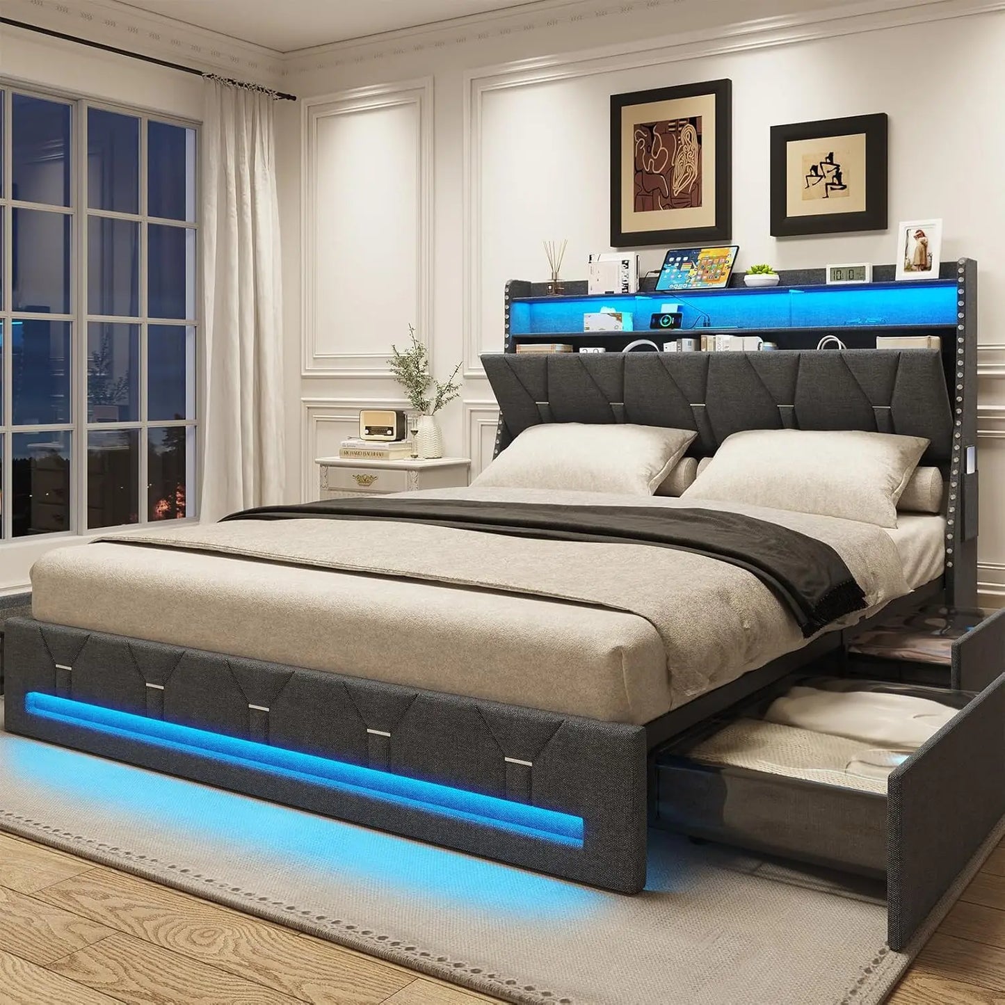 Queen Size Bed Frame with Headboard & 4 Storage Drawer