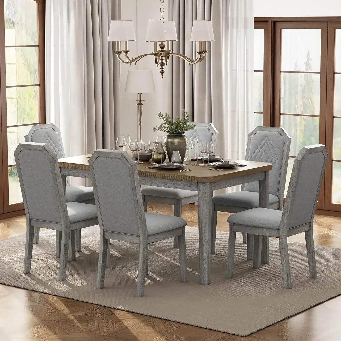 7 Pieces Dining Table Set,Wooden Rustic Table with 6 High-Back Tufted Chairs,Home Furniture Kitchen Dining Room Table Sets