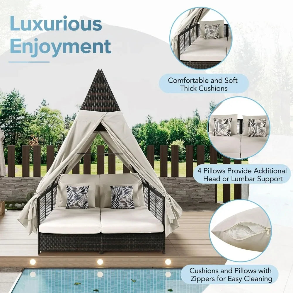 Outdoor Daybed, Outdoor Couch with 4 Pillows and Adjustable Backrest
