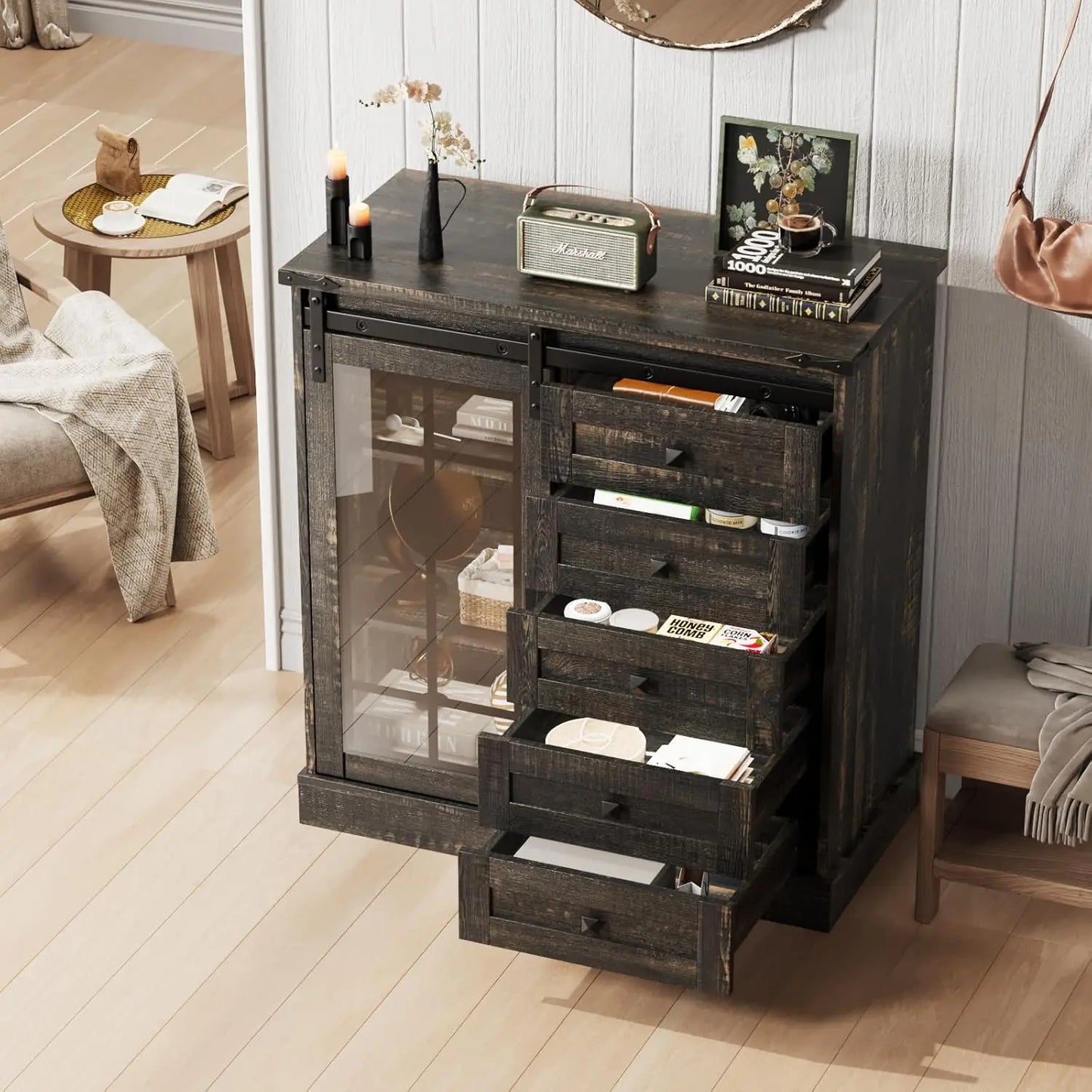 6 Drawer Dresser with Slide Glass Door Chest of Drawers