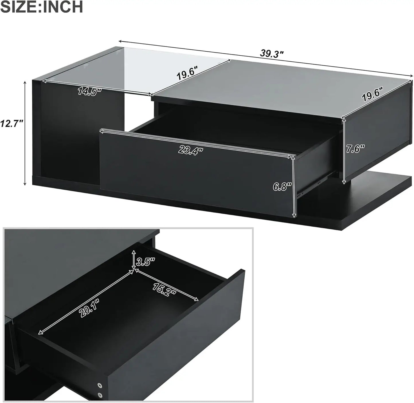 Coffee Table with Tempered Glass, Cocktail Table with High-Gloss UV Surface, Modernist 2-Tier Center Table for Living Room