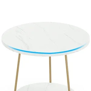 Tribesigns 2 Tier Faux Marble End Table Round Side Table with Shelves Small Coffee Accent Table for Living Room, White and Gold
