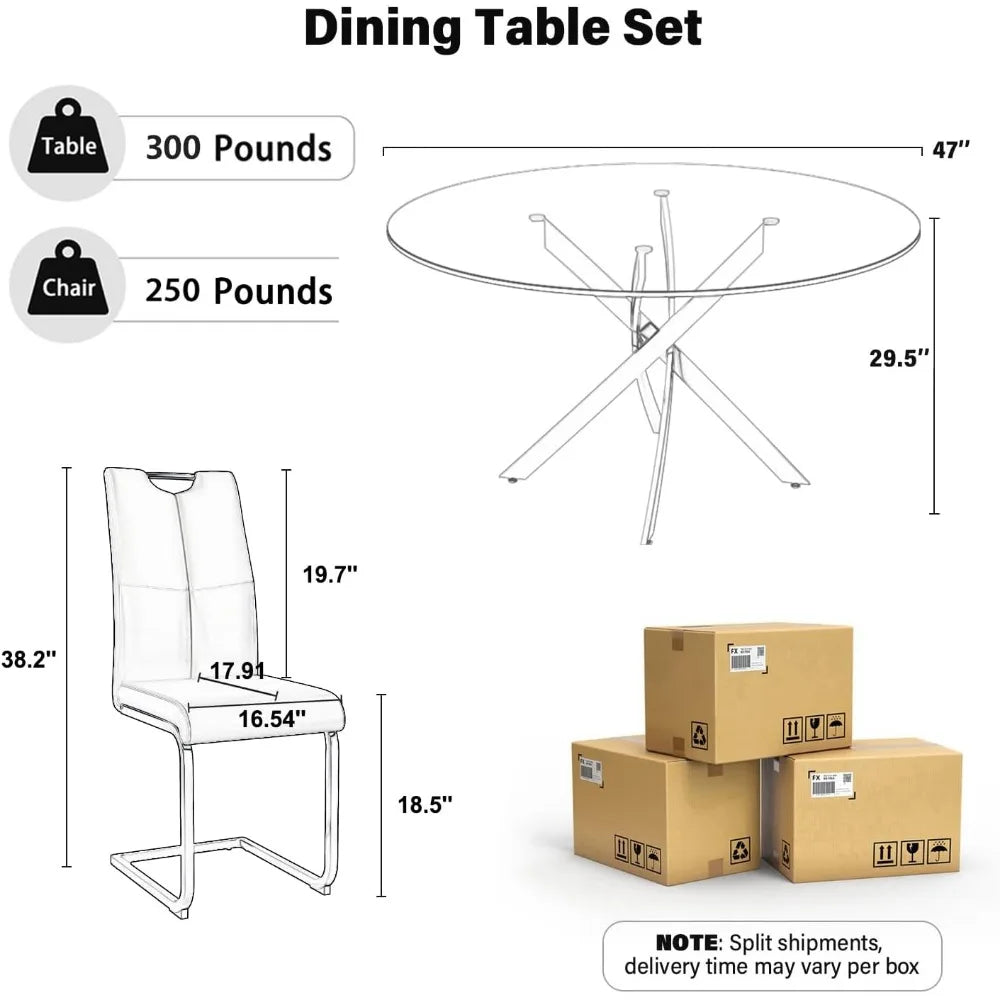5-Piece Round Dining Table Set for 4, 47" Small Circle Tempered Glass Kitchen Table Set with Chrome Silver Leg, Upholstered