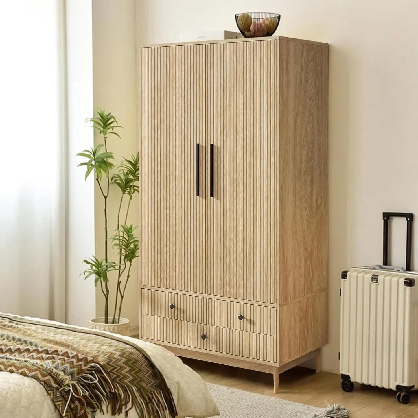 Wardrobe Closet with Drawers and 2 Fluted Doors