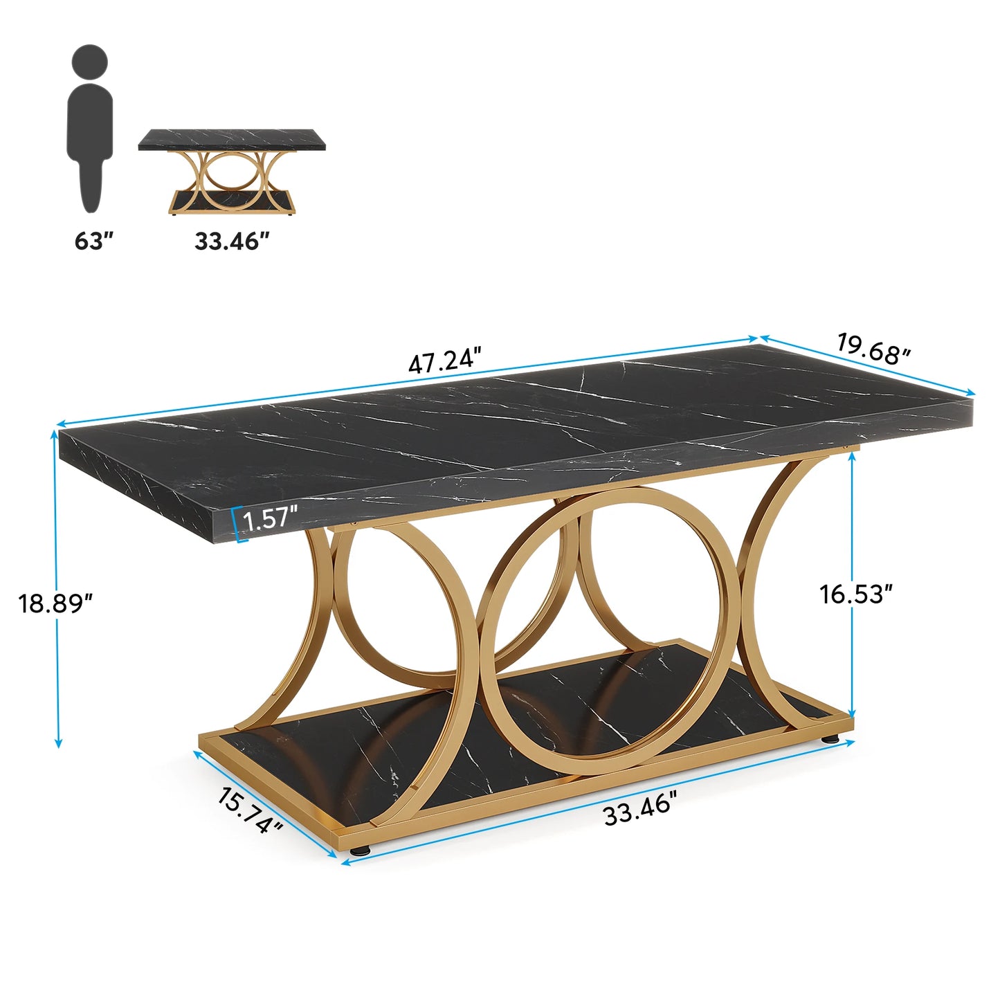 Tribesigns Rectangle Coffee Table, 47.24-inch Modern Coffee Tables for Living Room, 2-Tier Faux Marble Wood Coffee Table