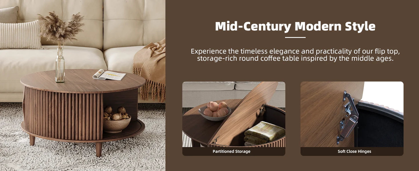 Round Coffee Table with Storage,Mid Century Modern Coffee Table with Sliding Cabinet Door,Coffee Tables,31.5" Small Center Table