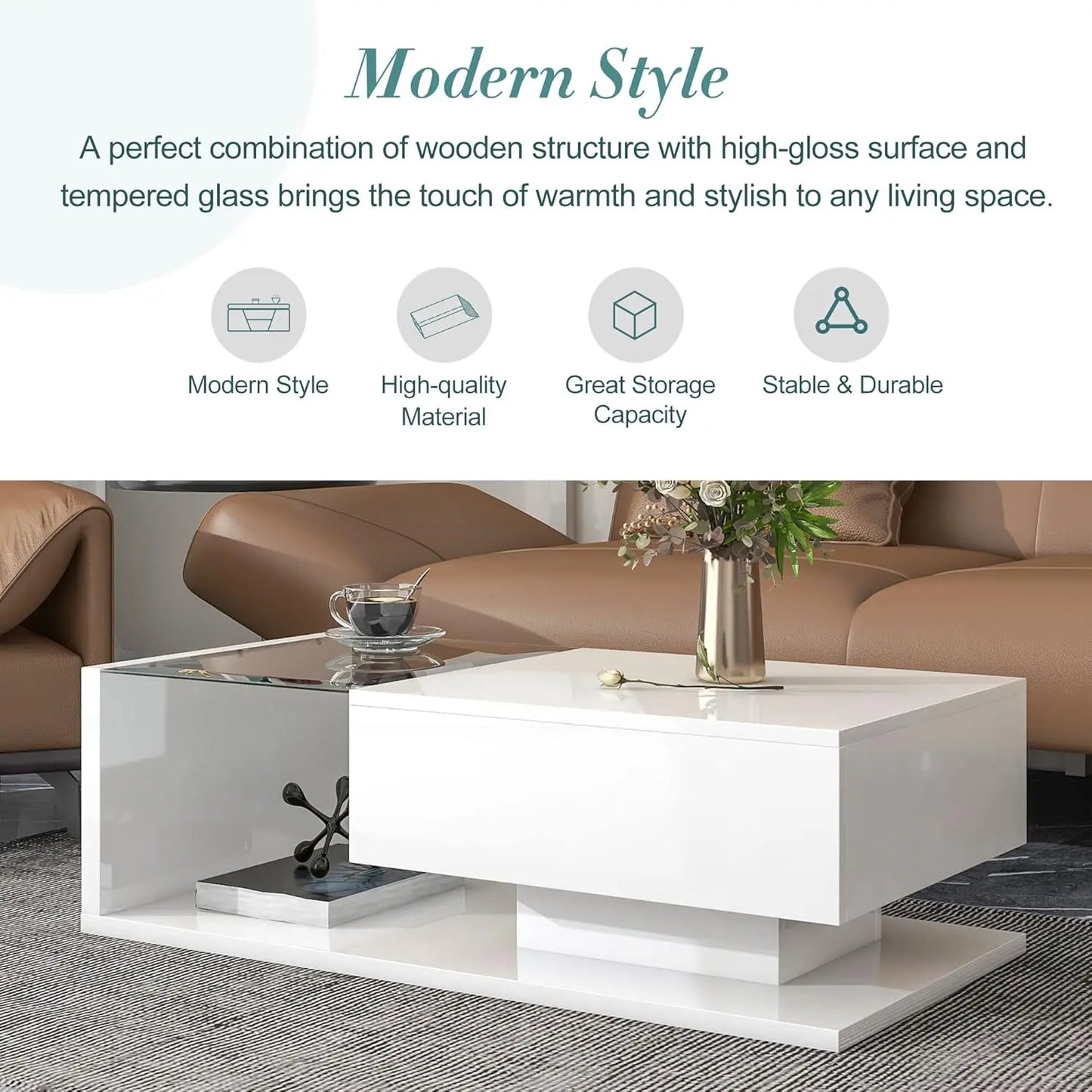 Coffee Table with Tempered Glass, Cocktail Table with High-Gloss UV Surface, Modernist 2-Tier Center Table for Living Room